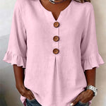 Solid V-Neck Button Ruffle Half Sleeve Casual Top