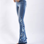 Stretch Embroidered Print Denim Wide Leg Trousers