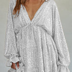 V Neck Balloon Sleeves Backless Drawstring Sequin Dress