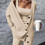 Women Three Pices Set Knitted Solid Cardigan Tops Tank Top and Casual Loose Long Pants