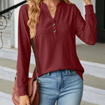 Solid Color V-Neck Buttoned Jacquard Loose-Fitting Long-Sleeved T-Shirt Top