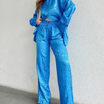 Leopard Jacquard Two-Piece Set Long Sleeve Shirt with Elastic Waist Loose Fit Pants