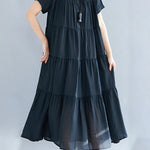 Vintage Loose Split-Joint Pleated Short Sleeves Round-Neck Midi Dress