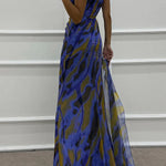 Amazing Views Watercolor Print Feather Rose Detail Off Shoulder Pleated Slit Maxi Dress