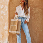 Nadorine Long Sleeve Shirts Casual Lapel Collar V Neck Single Breasted Tunic Blouse