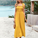 Sleeveless Lace-up Smocked Jumpsuits Solid Loose fit Wide Leg High Wasit Romper