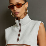 Retro Sporty Grey And White Half-zip Sleeveless Sweatshirt And Shorts Set