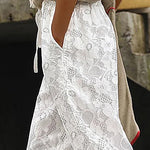 Nadorine Casual Loose Lace Pants Embroidered Cropped Elastic Waist Trousers