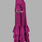 Flared Sleeves Half Sleeves Asymmetric Layered Pleated Printed Ruffle Trim Round-Neck Maxi Dresses