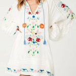 White Boho Floral Tassel Tie V Neck Mini Dress