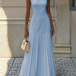 Sleeveless Gauze Pleated Solid Color Split-Joint Boat Neck Evening Dresses Maxi Dresses