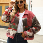 Nadorine Aztec Lapel Long Sleeve Retro Western Denim Jacket