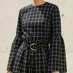 Flared Sleeves Long Sleeves Contrast Color Plaid Split-Joint Round-Neck Blouses&Shirts Tops