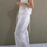 Linen Blend Solid Color Hollow Loose Vest and Elastic Waist Casual Pocket Wide Leg Pants Set