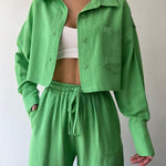 Two Piece Outfits Casual Lounge Sets Long Sleeve Short Casual Shirt with Drawstring Trousers Set