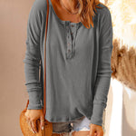 Nadorine Casual Long Sleeve T-Shirt Button Up V Neck Ribbed Knit Tunic Top