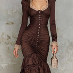 Vintage Ruffle Hem Lace Trim Polyester Satin Midi Dress