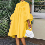 Urban Buttoned Solid Color Stand Collar Flared Sleeve Loose Midi Dress