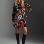 Long Sleeves Contrast Color Flower Print Split-Joint Tied Round-Neck Mini Dresses