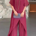 Solid Color Round Neck Irregular Loose Chiffon Top and Casual Wide-leg Pants Set