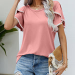 Pom-Pom Trim Flutter Sleeve Round Neck Tee Casual Blouses Tops