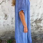 Bayside Bliss Linen Blend Short Sleeve Pleated Loose Midi Dress