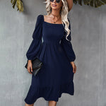 Solid Square Neck Bishop Sleeve Flounce Hem Dress