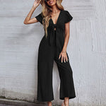 Jumpsuit Wide Leg Casual Short Sleeve Solid Color Bowknot V Neck Jumpsuit