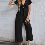 Jumpsuit Wide Leg Casual Short Sleeve Solid Color Bowknot V Neck Jumpsuit