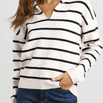 Striped Long Sleeve Polo V Neck Pullover Sweater