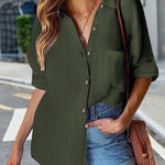 Nadorine Solid Color Casual Long Sleeve Pocket Blouse for Women Casual Work Office Loose Fit 2026 | Under