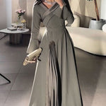 A-Line Wrap Pleated Solid Color Split-Joint V-Neck Maxi Dresses