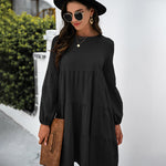 Long Puff Sleeve Shirt Dress Casual Crewneck Loose Fit Sundress Trendy Tiered Layer Summer Mini Dresses