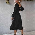 Solid Square Neck Bishop Sleeve Flounce Hem Dress
