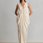 Women's Ivory Satin Dress With Deep V-Neck & Ruched Knot Detail, Timeless Luxe-Romantic Style Dress