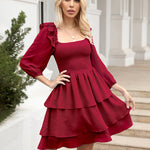Solid Color Long Sleeve Dress Square Neck Lotus Leaf Mini Dress