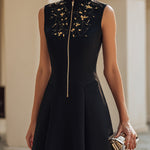 Embroidered Stand-Collar Zip-Front Midi Dress