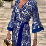 Greek Island Satin Unique Floral Print Tassel Belted Wrap Maxi Dress