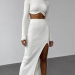Knited Two Piece Set Long Sleeve Turtleneck Crop Top Split Skirt Outfits