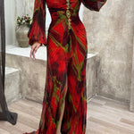 Sunset Serenade Printed Off Shoulder Diamond Embellished Pleated Slit Maxi Dress