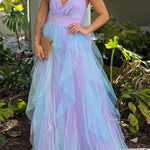 LAVENDER AND BLUE RUFFLED MESH MAXI DRESS