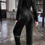Solid Color Velvet Deep V Belt Slim Jumpsuit