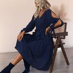 Hollow Long Sleeves Casual Ruffle V Neck Waist Dress with Belt