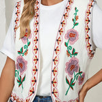 White Boho Floral Embroidered Cardigan Vest