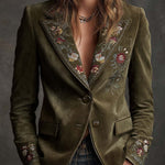 Olive Green Velvet Blazer With Intricate Floral Embroidery