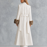 Premium Leopard-print Faux-fur Cuffs White Stand Collar Single-breasted Coat