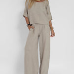 Two-piece Set Loose Vacation O-neck Half Sleeve Solid Tops Casual Wide Leg Pants Suits