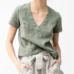 Solid Color V-neck Cotton Linen T-shirt Slim Casual Top