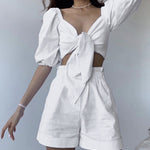 Half Sleeve Knot Front Crop Cardigan Top with Shorts Sets
