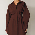 Long Sleeve Tunic Dress High Waist Lapel Short Dress Button Down Pleated Dress